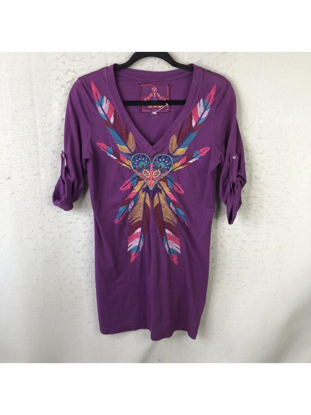 Johnny Was Top Womens S Purple Embroidered Heart Feather Boho Western Artsy
